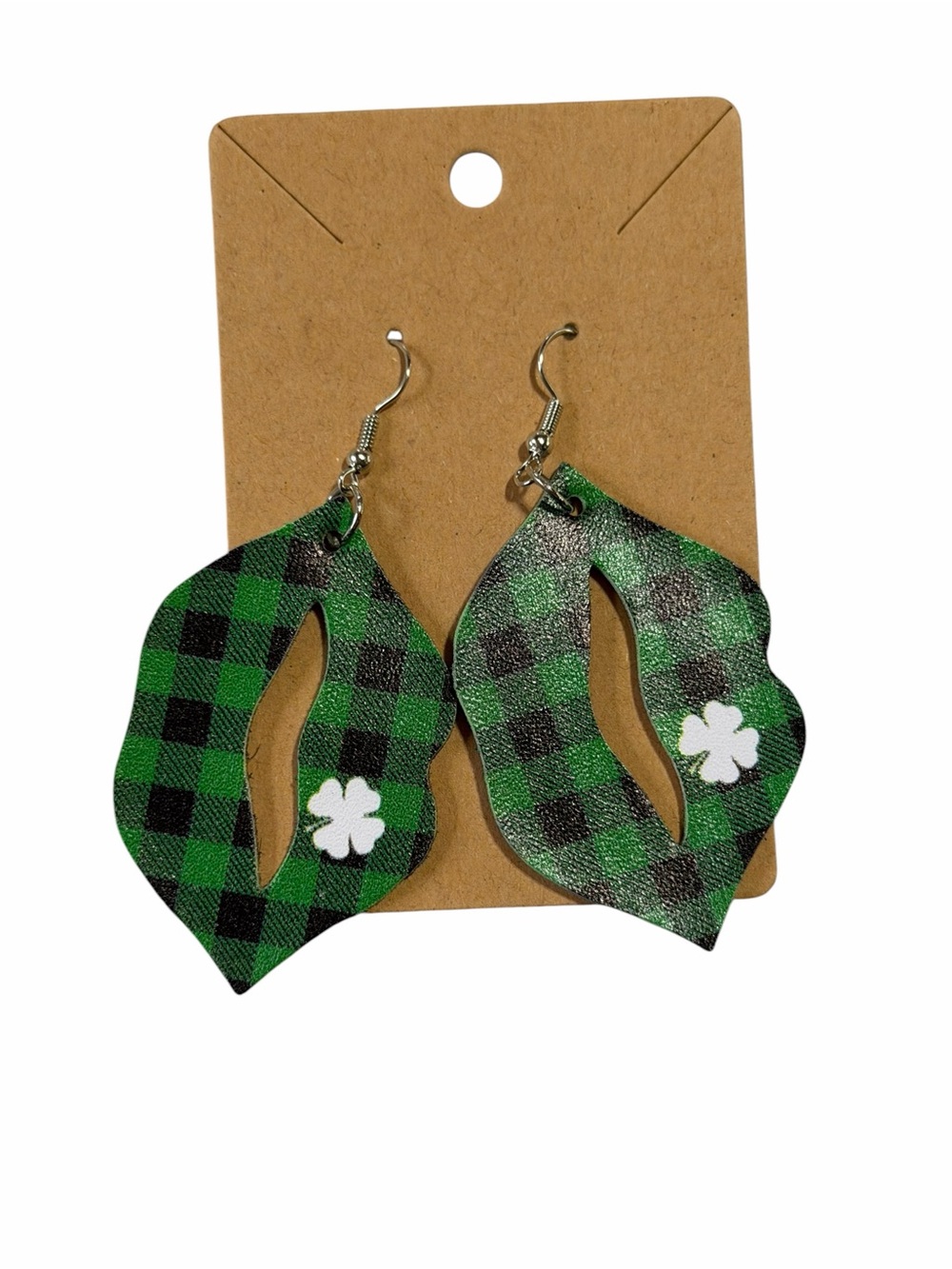 Green Plaid Shamrock Drop Earrings - Women Accessories